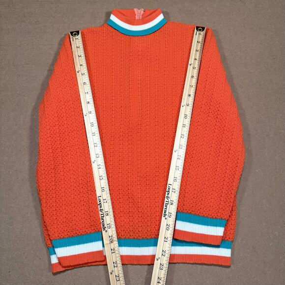 Vintage 70s BodinKnits Orange Knit Sweater Sz 12 Mock Neck Stripe Trim USA - Picture 8 of 8